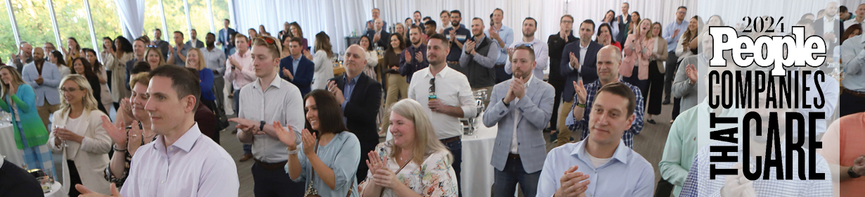 Banner with people standing and applauding. First American was recognized as a PEOPLE Companies That Care.