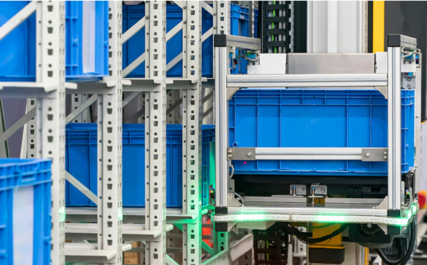 Plastic containers in a warehouse.