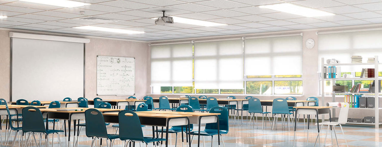 Classroom with tables and chairs 
