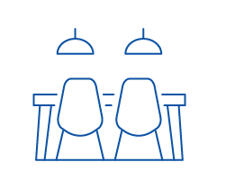 Chairs, desk and lights.