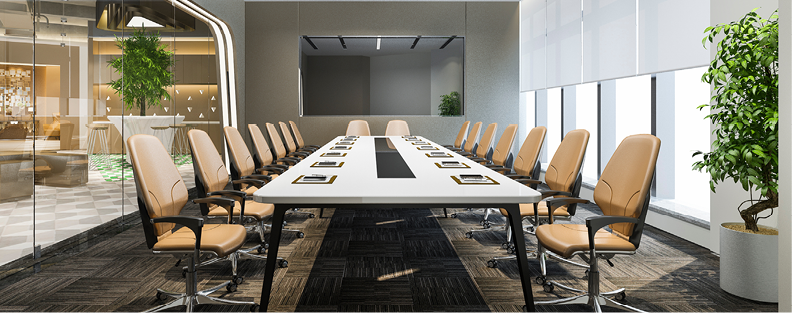 Modern office conference room with table and chairs.