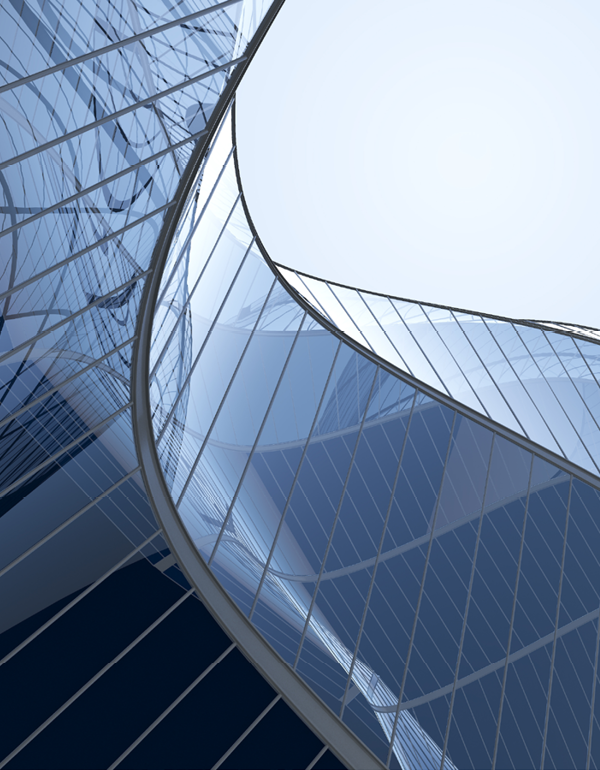 Abstract view of curved glass building exterior.
