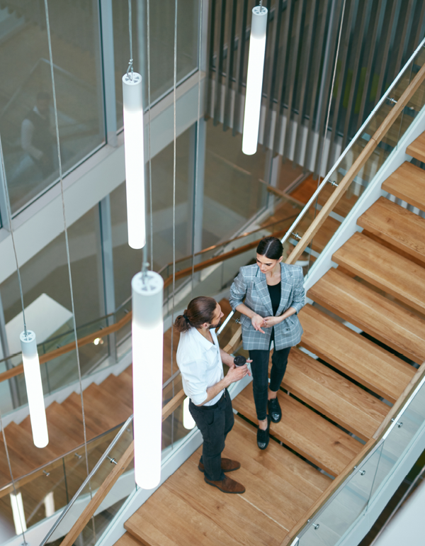 Two colleagues talking on an open staircase.