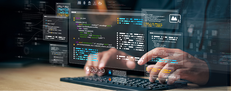 Man typing on a keyboard and using software.