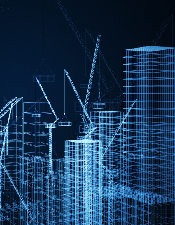 Digital wireframe rendering of a construction site, showing cranes and multi-story buildings in a blue blueprint-style design.