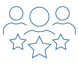 Three people icons above star symbols, representing customer support or rated assistance.