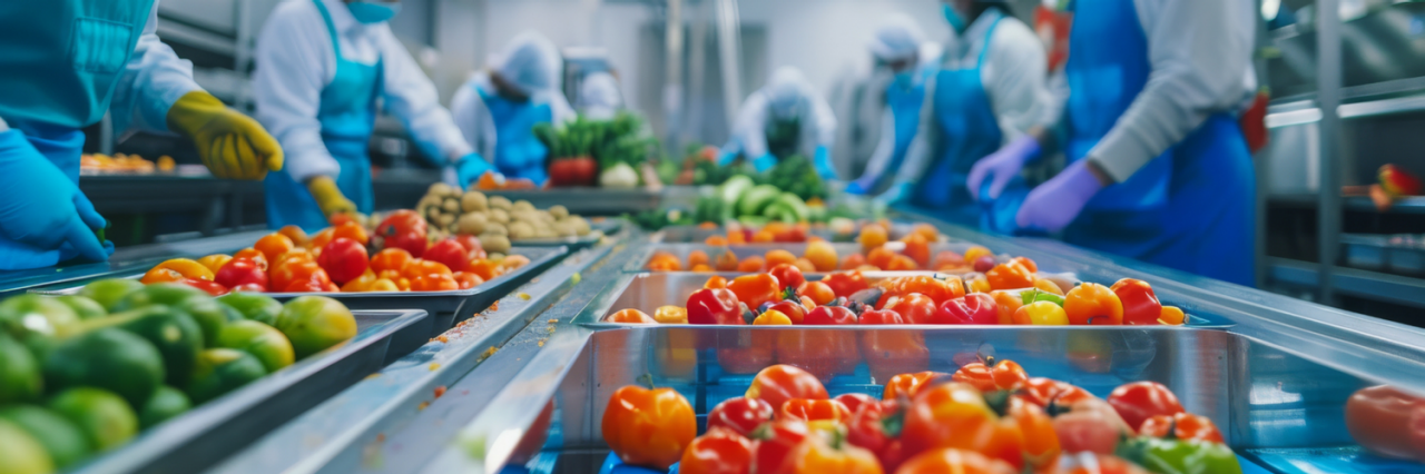 Fresh vegetables move along a food manufacturing production line while workers in protective apparel process and sort produce in a modern facility.