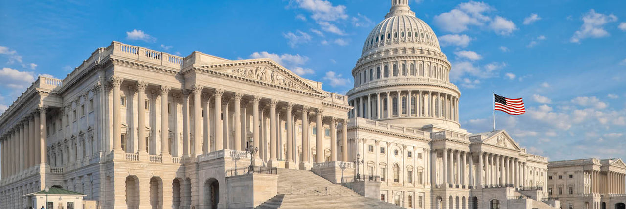 The east side of the US Capitol in the early morning. Senate Chamber in the foreground.