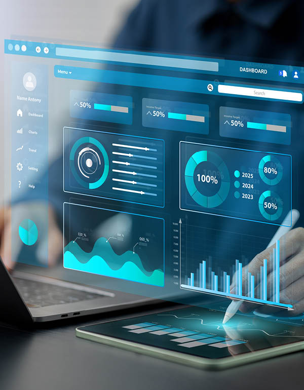 Person interacting with a transparent digital dashboard displaying charts and graphs representing performance metrics and trends.