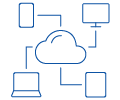 Cloud connected to multiple devices including a smartphone, desktop, laptop, and tablet.