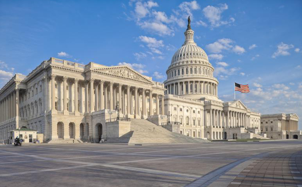 The east side of the US Capitol in the early morning. Senate Chamber in the foreground.