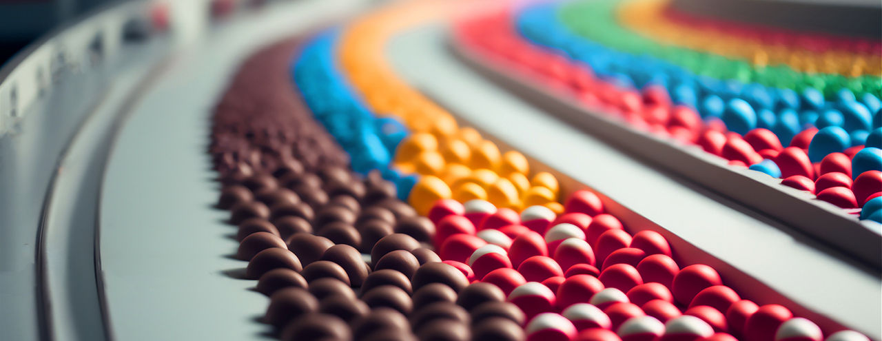 Different colored small candy on conveyer belt.