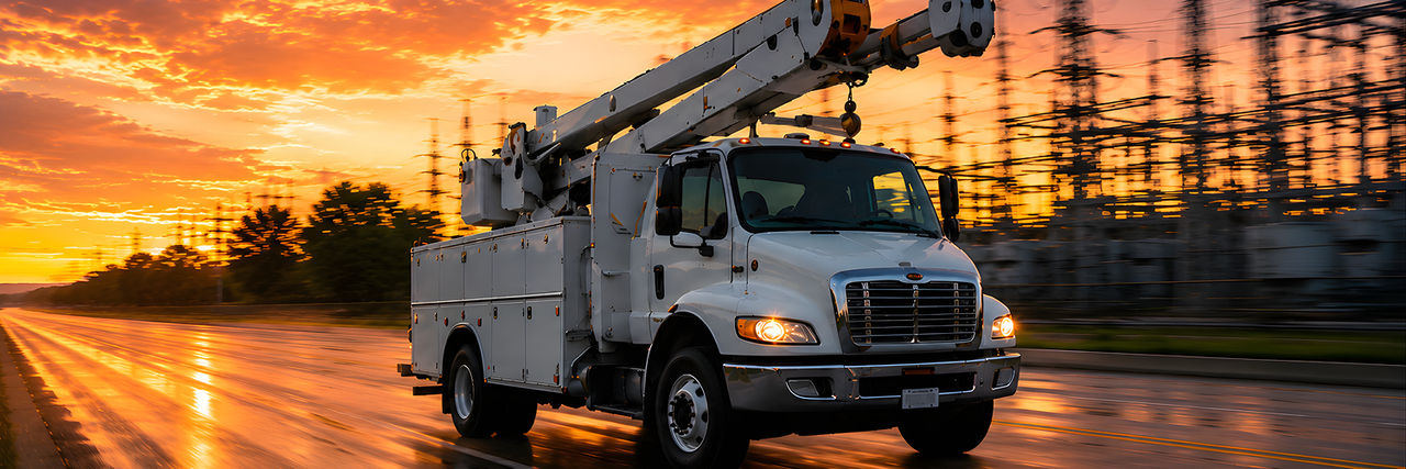 Utility bucket truck driving past an electrical substation at sunset.