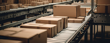 Conveyor belt with packages in a warehouse